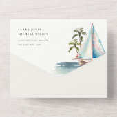 Elegant Dusky Blauwgroen Sailboot Palm Seascape We All In One Uitnodiging (Achterkant)