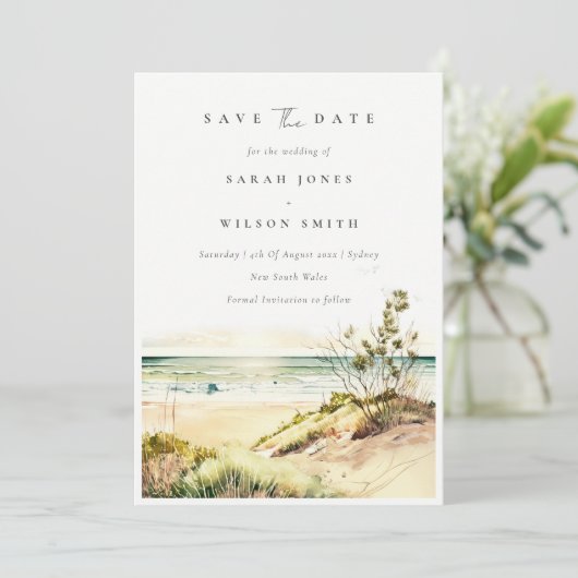 Elegant Dusky Coastal Beach Sand Sun Seascape Save The Date (Staand voorkant)