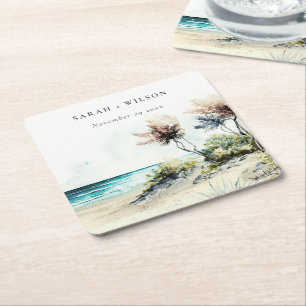 Elegant Dusky Coastal Palm Beach Seascape Wedding Vierkante Kartonnen Onderzetter