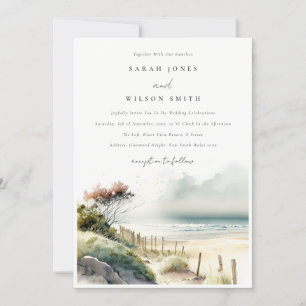 Elegant Dusky Coastal Sand Beach Seascape Wedding Kaart
