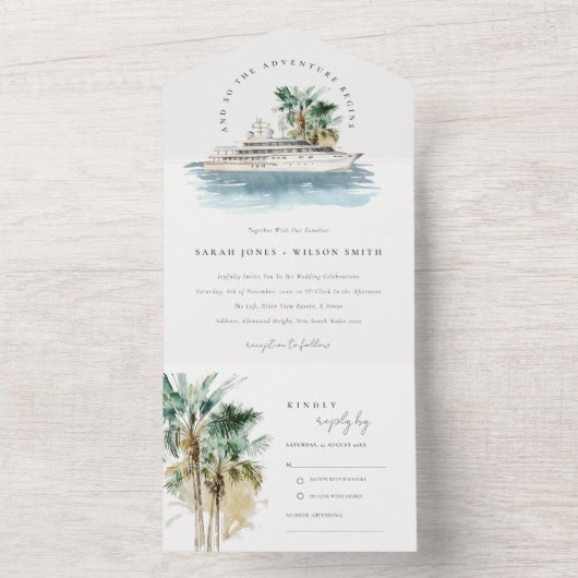 Elegant Dusky Cruise Palm Seascape Wedding All In One Uitnodiging (Binnen)
