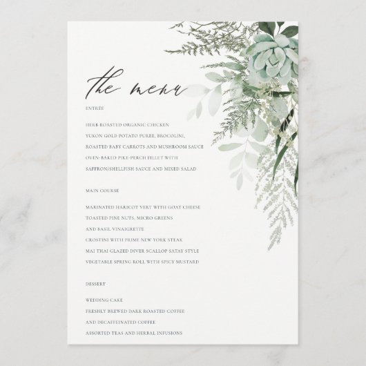 Elégant Dusky Leafy Fern Succulent menu Mariage (Devant)