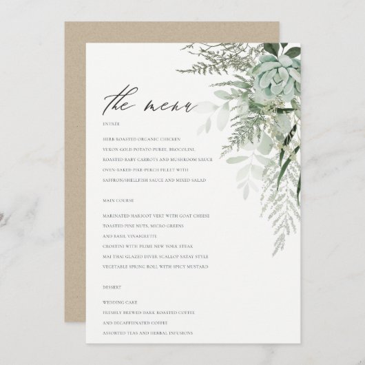 Elegant Dusky Leafy Fern Succulent Wedding Menu (Voorkant / Achterkant)