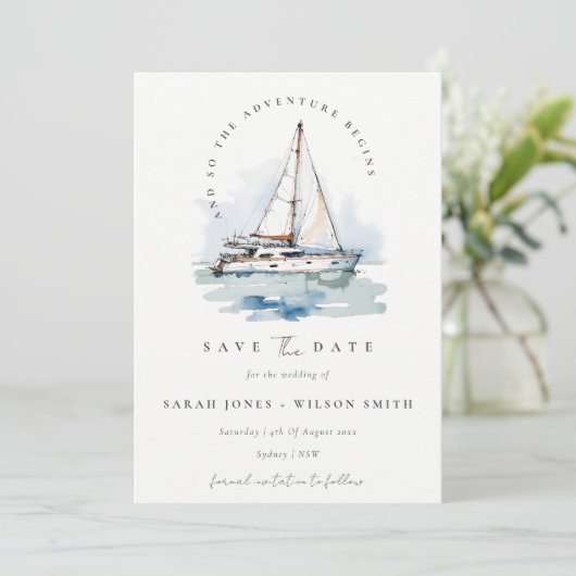 Elegant Dusky zeilboot Yacht zeillandschap bruilof Save The Date (Staand voorkant)