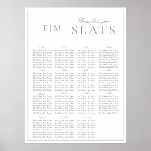 Elegant Dusty Blauw Script Monogram Bruiloft Seat Poster (Voorkant)