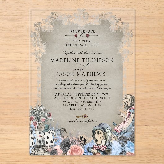 Elegant Dusty Blue Alice in Wonderland Bruiloft Acryl Uitnodigingen (Voorkant)