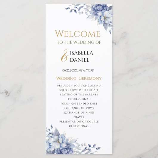Elegant Dusty Blue and Gold Floral Wedding Programma (Voorkant)