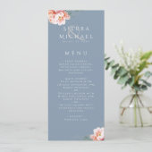 Elegant Dusty Blue Blush Bloemen Bruiloft Diner Menu (Staand voorkant)