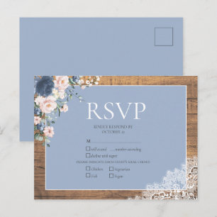 Elegant Dusty Blue Blush Floral Lace Wedding RSVP Uitnodiging Briefkaart