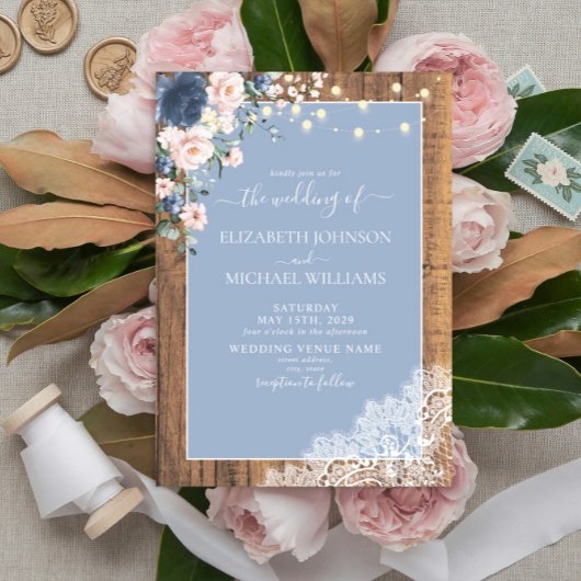 Elegant Dusty Blue Blush Rustic Wood Lace Script Kaart