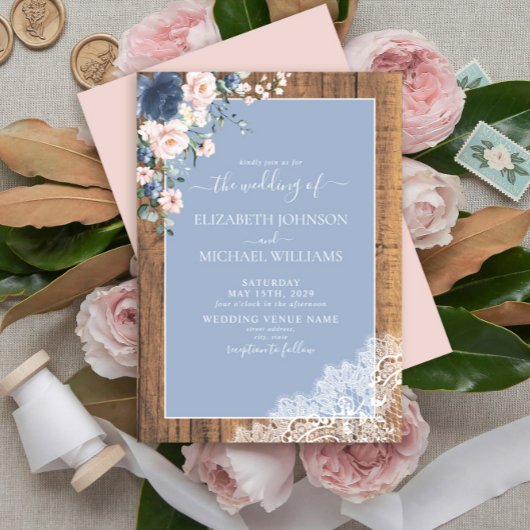 Elegant Dusty Blue Blush Rustic Wood Wedding Kaart