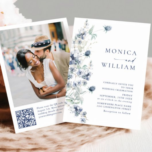 Elegant Dusty Blue Boho Winter Foliage Wedding Kaart