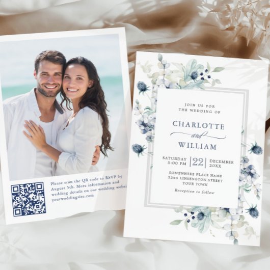 Elegant Dusty Blue Boho Winter Foliage Wedding Kaart