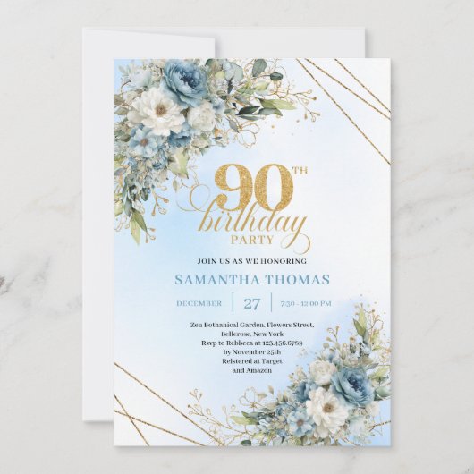 Elegant Dusty Blue Botanical 90th Birthday Invite Kaart (Voorkant)