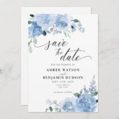Elegant Dusty Blue Botanical Floral Save the Date Kaart (Voorkant / Achterkant)