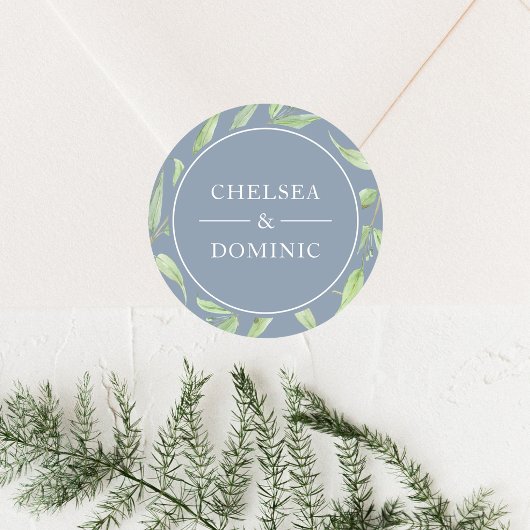 Elegant Dusty Blue Botanical Weddenlabel Ronde Sticker