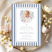Elegant Dusty Blue Bow Photo Boy Baptism Kaart