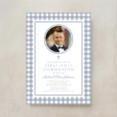 Elegant Dusty Blue Bow Photo Boy First Communion Kaart