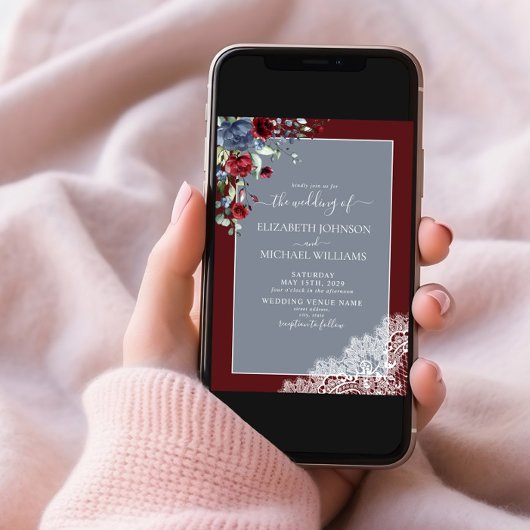 Elegant Dusty Blue Burgundy Wood Weduwschap Kaart