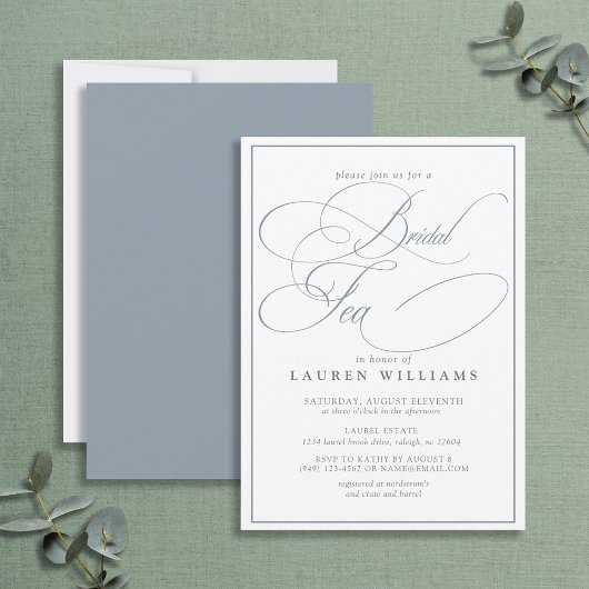 Elegant Dusty Blue Calligraphy Formal Bridal Tea Kaart