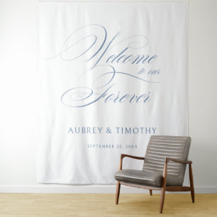 Elegant Dusty Blue Calligraphy Weddenschap Welcome Wandkleed