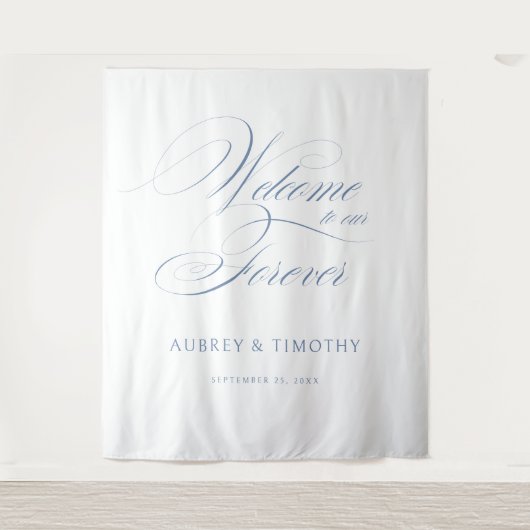 Elegant Dusty Blue Calligraphy Weddenschap Welcome Wandkleed (Voorkant)