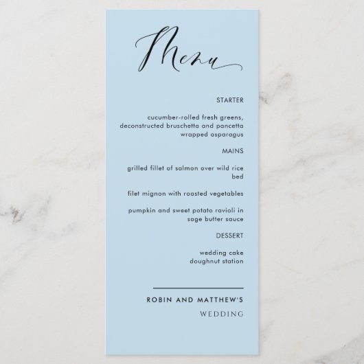 Elegant Dusty Blue Calligraphy Wedding / Reception Menu (Voorkant)
