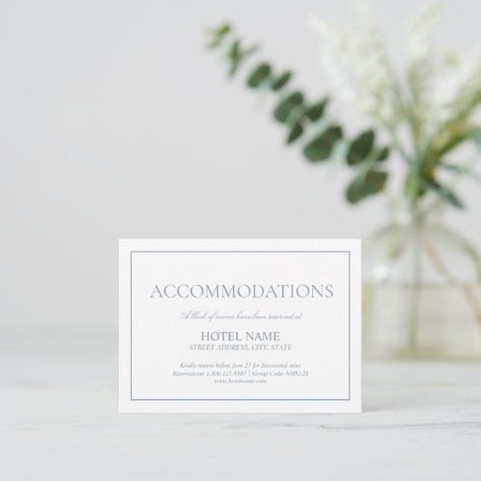 Elegant Dusty Blue Classic Script Accommodations Informatiekaartje (Staand voorkant)