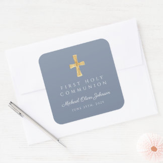 Elegant Dusty Blue Cross Boy First Community Vierkante Sticker