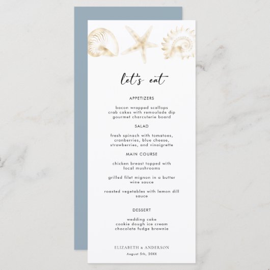 Elegant Dusty Blue Destination Wedding Menu (Voorkant / Achterkant)