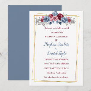 Elegant Dusty Blue en Burgundy Wedding Invitation Kaart