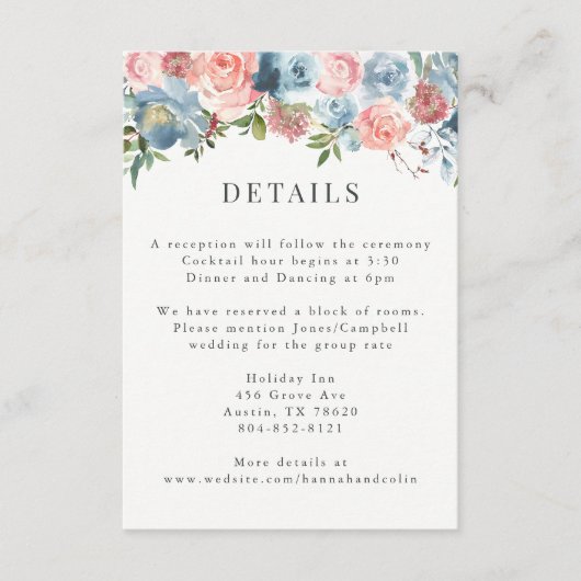 Elegant Dusty Blue en Roos Floral Swag Informatiekaartje (Voorkant)