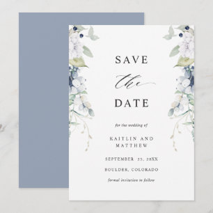 Elegant Dusty Blue en White Floral Wedding Save The Date