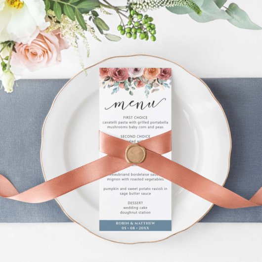 Elegant Dusty Blue Etheral, Floral Wedding Menu