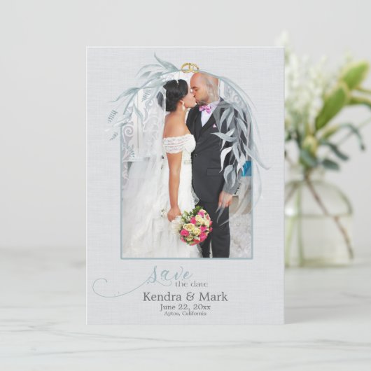 Elegant Dusty Blue Eucalyptus Gold Save the Date Kaart (Staand voorkant)