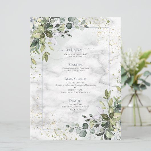Elegant Dusty Blue Eucalyptus Greenery Marble Menu (Staand voorkant)