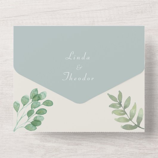 Elegant Dusty Blue Eucalyptus Greenery Wedding All In One Uitnodiging (Achterkant)