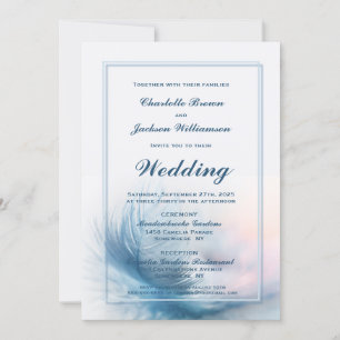 Elegant Dusty Blue Feather Wedding Kaart