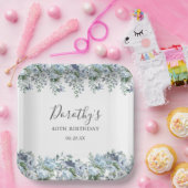 Elegant Dusty Blue Floral 40th Verjaardag Custom Papieren Bordje (Feest)