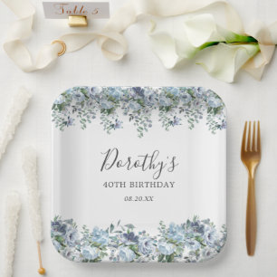 Elegant Dusty Blue Floral 40th Verjaardag Custom Papieren Bordje