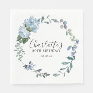 Elegant Dusty Blue Floral 80th Verjaardag Custom Servet