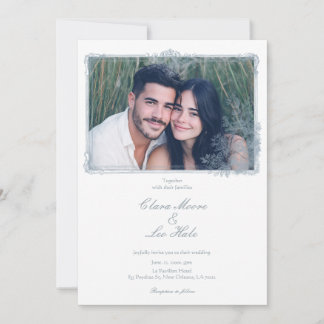 Elegant Dusty Blue Floral Border Wedding Photo Kaart
