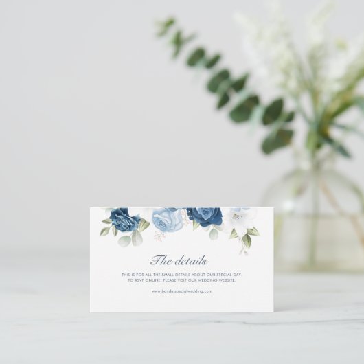 Elegant Dusty Blue Floral Bruiloft Online Details Informatiekaartje (Staand voorkant)