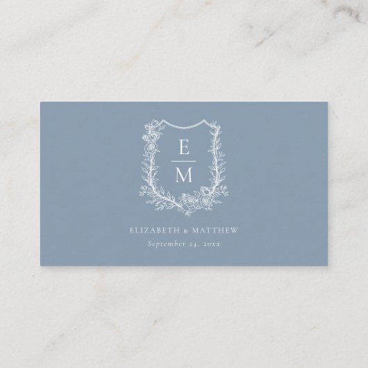 Elegant Dusty Blue Floral Crest Bruiloft Website Informatiekaartje (Achterkant)