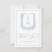 Elegant Dusty Blue Floral Crest Monogram Weddensch Bedankkaart (Voorkant)