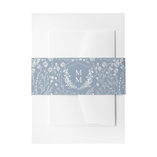 Elegant Dusty Blue Floral Crest Monogram Weddensch Uitnodigingen Wikkel (Voorkant Voorbeeld)