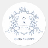 Elegant Dusty Blue Floral Crest Monograms Wedding Ronde Sticker (Voorkant)
