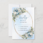Elegant Dusty Blue Floral Gold Frame Wedding RSVP Kaartje (Voorkant)