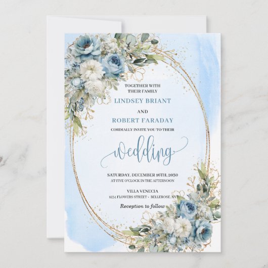 Elegant Dusty Blue Floral Gold Wedding Invitation Kaart (Voorkant)