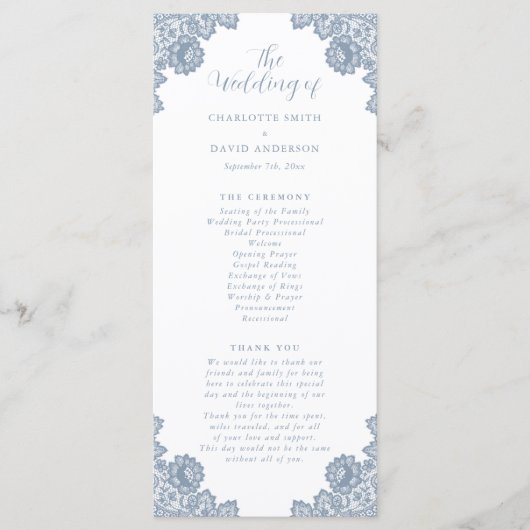 Elegant Dusty Blue Floral Lace Wedding Programma (Voorkant)